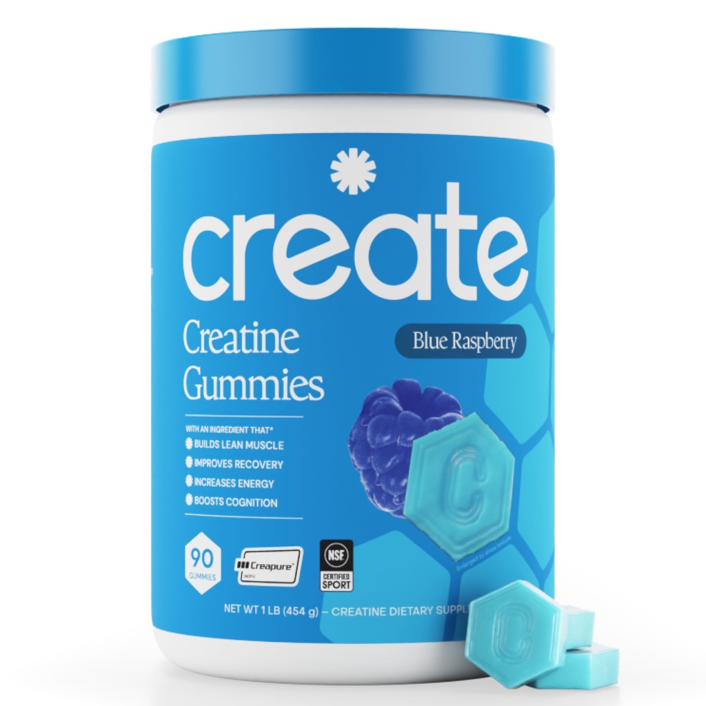 Create Creatine Monohidrat Gummies for Men & Women, Boost Focus, Putere, and Endurance, Anti-Melting Formula, Vegan, Gluten-Free, Non-GMO, 1.5g of Creatin per Gummy (Blue Raspberry, 90 ct)