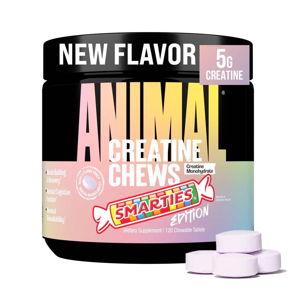 Animal Creatine Chews x Smarties Edition - 5g Creatine Monohydrate for Strength, Power, & Training Recovery Support with Sea Salt, Convenient Chewable Creatine Supplement for Men & Women - 120 Tablets