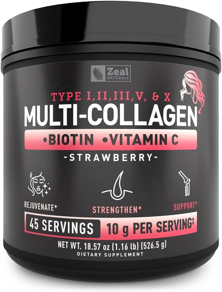 Premium Multi Colagen Peptides Proteine pulbere (1, 2, 3, 5 & 10) cu vitamina C, Biotina, Acid hialuronic, pentru piele de păr și unghii - Marine, bovine, pui și coajă de ou (Strawberry, 45 Servings)