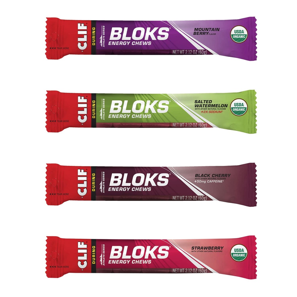 CLIF BLOKS - Energy Chews - 4 Flavor Variety Pack - Non-GMO - Alimente pe bază de plante - Carburi rapide pentru ciclism și funcționare - Snack antrenament (2.1 Ounce Packet, 12 Conte)
