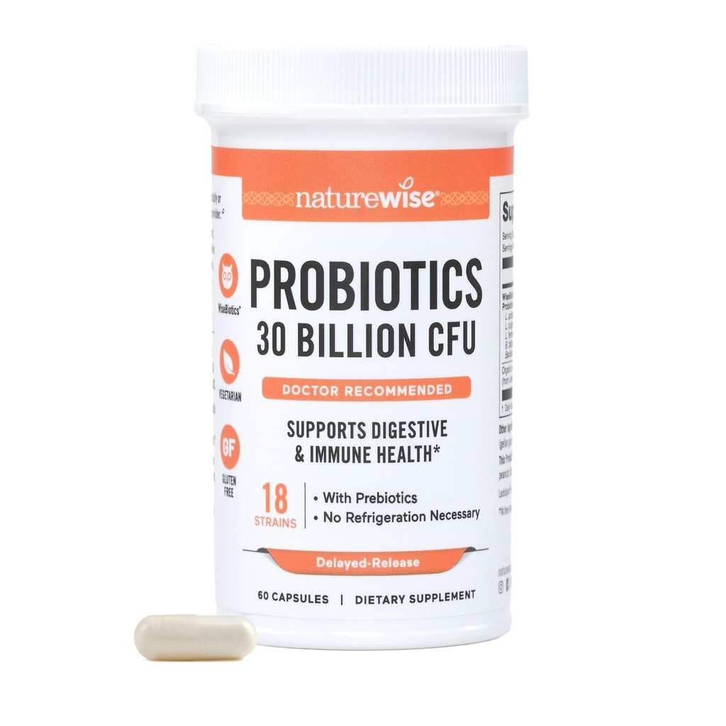 NatureWise Max Probiotics for Women & Men - 30 Miliarde CFU 18 Tulpini cu prebiotice - Pentru sănătate gutoasă și digestivă - Capsule cu eliberare întârziată, Gluten Free - 60 capsule[2-Lonth Supply]