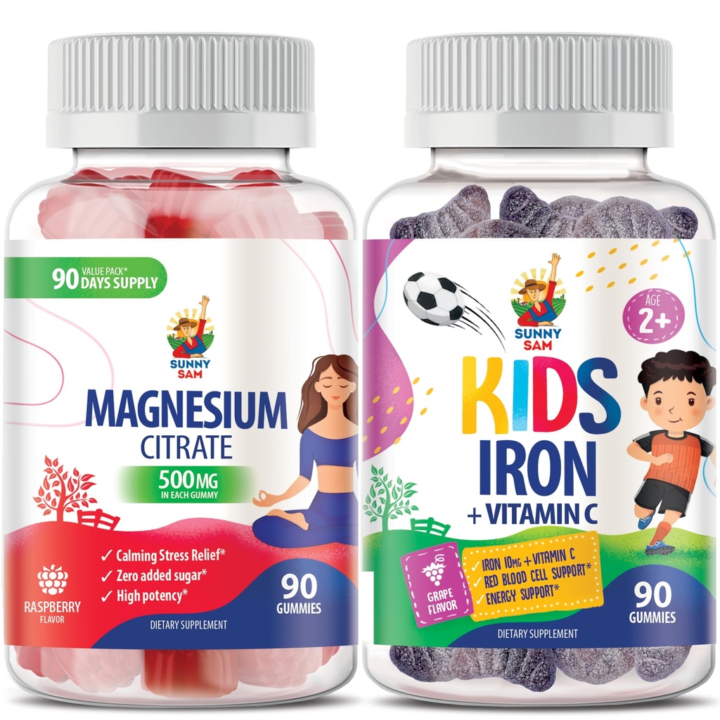 SUNNY SAM Gumies de fier pentru copii si adulti si Gumii de magneziu pentru adulti - 500 mg - Chews de magneziu calm - Citrate de magneziu supliment mestecabil pentru sustinerea emotiilor si muschilor. Vitamine de fier cu vitamina C.