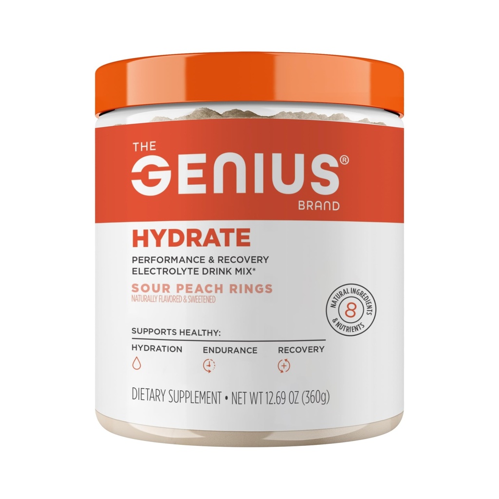 Genius Brand Hydrate - Electrolit Supliment pentru hidratare zilnica - Apa de nuca de cocos - Zahar-Free - 8 Minerale esentiale & Nutrients - Non-GMO - Inele de piersici - 50 Serviri