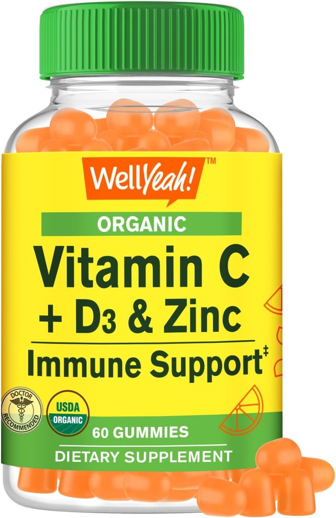 Ei bine, vitamina organică C + D3 + Gumiile de zinc - Boosting imun, Antioxidant-Rich, și de sănătate osoasă de sprijin, USDA Organic, Vegan, și non-GMO - Gluten-Free, Nut-Free Gummy - 60 Conte