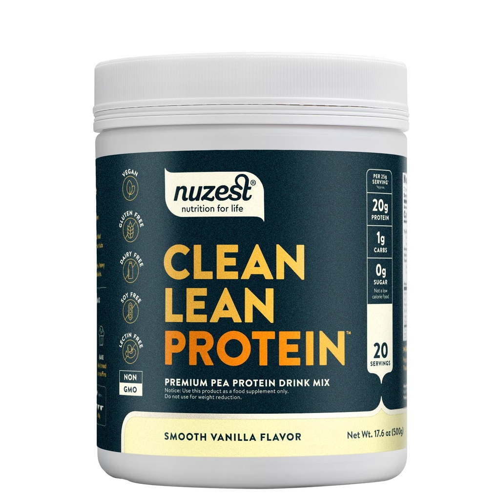 Nuzest - Pudră de proteine din mazăre - Proteină de bază cu bază de legume Premium, fără lactate, gluten gratuit, fără OMG-uri, îndulcit natural de proteine Shake, vanilie netedă, 20 Serviri, 1.1 lb