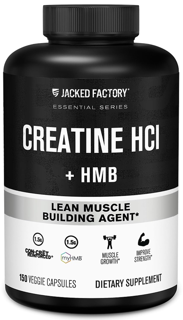 Fabrica de Jacked Creatina HCL + HMB Capsule - Sinergic CON- CRET, MyHMB, & Vitamina D Formula pentru ameliorarea creșterii, a rezistenței, și reducerea descompunerii musculare - 150 capsule
