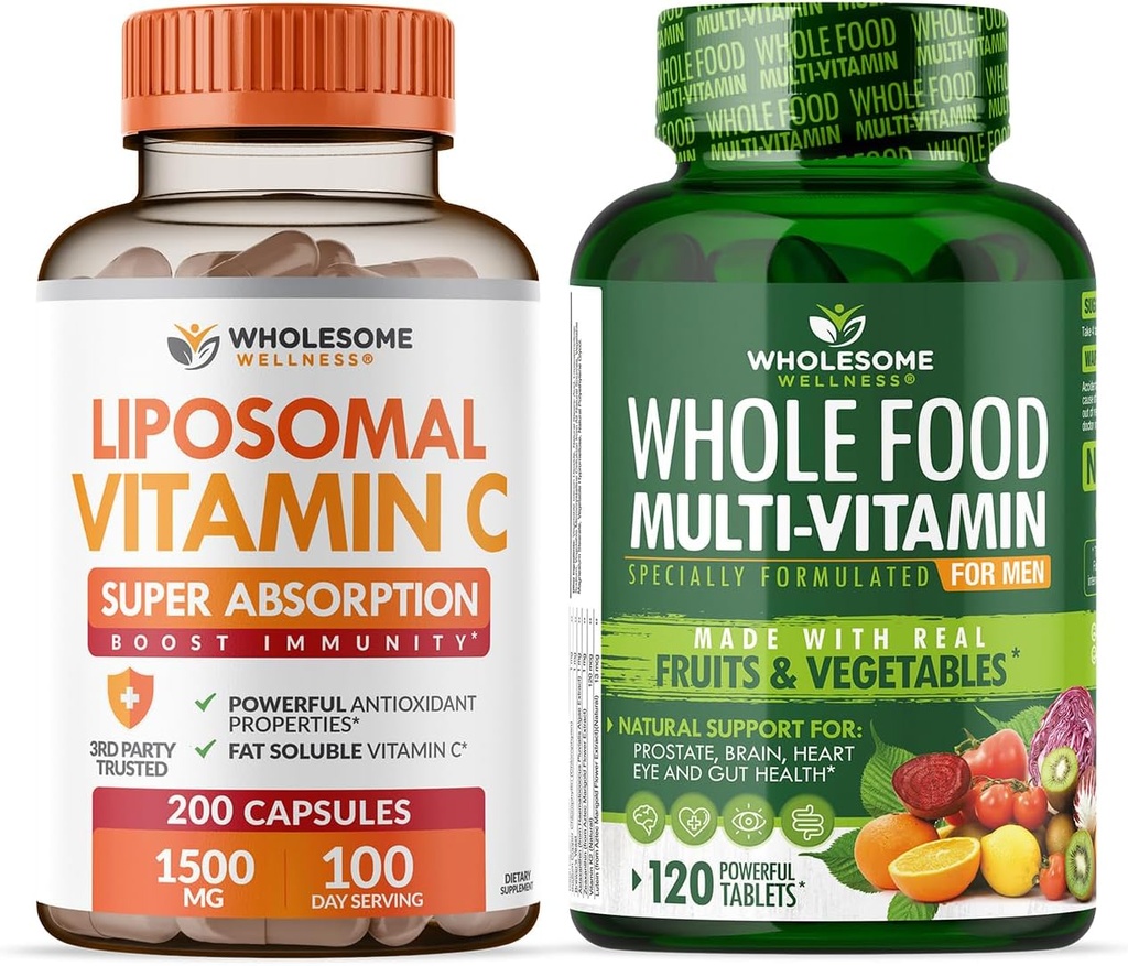 Inteligent Wellness Capsule lipozomal Vitamina C (200 Pastile 1500 mg Buffered) Absorbţie mare + Alimente Multivitamine pentru bărbaţi - Multi Vitamine Naturale, Minerale, Extracte organice Bundle