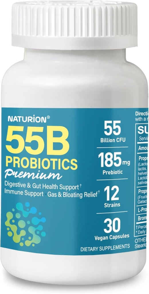 55B Probiotice Premium - 55 Miliarde CFU, 12 Strains, 185mg Prebiotic - Suport imun, Digestive & Gut Health - Sprijină Constipație ocazională, gaz și balonare - 30 Capsule Vegane, 30 zile de aprovizionare