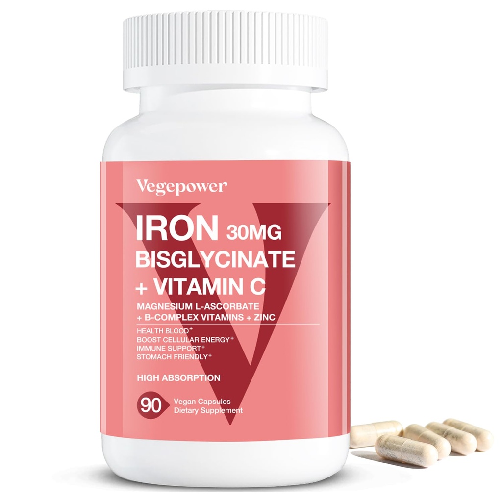 Suplimente de fier pentru femei Barbati, Vegan Biglicinat de fier 30mg Plus Vitamina C, B12, Acid folic - Pastile de fier pentru anemie, sanatate si suport energetic - Gentle, absorbtie mare, non-GMO - 90 capsule