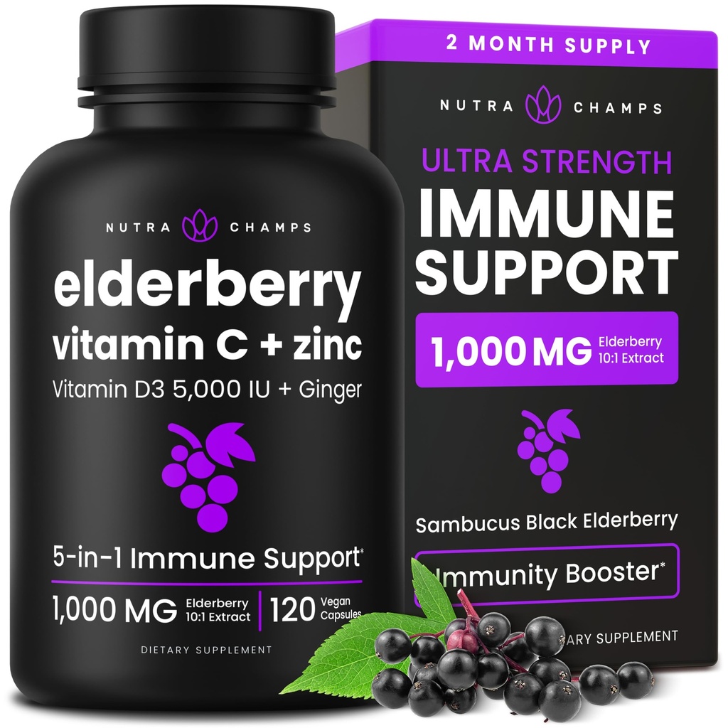 NutraChamps Elderberry cu vitamina C și zinc - 5 în 1 Suplimentul de imunitate, 10.000 mg Sambucus Capsule negre de soc cu vitamina D3 5000 UI, Sambucus extract de elderberry Suport imun pentru adulți
