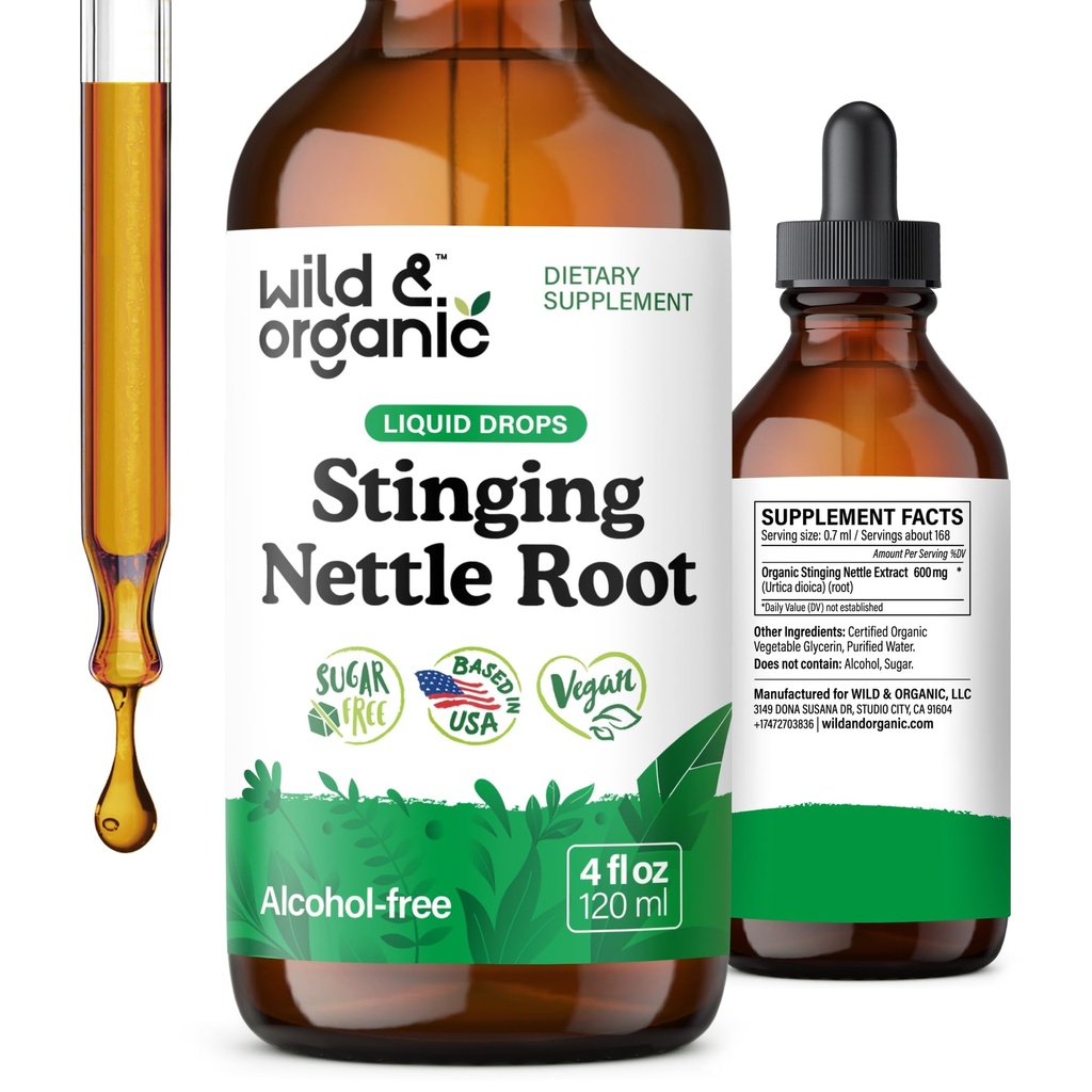 Wild & Organic Stinging Nettle Tincture - Stinging Nettle rădăcină Extract picături pentru bărbați și femei - lichid Urtica Dioica Supliment - Vegan, zahăr și alcool-free - 4 fl oz
