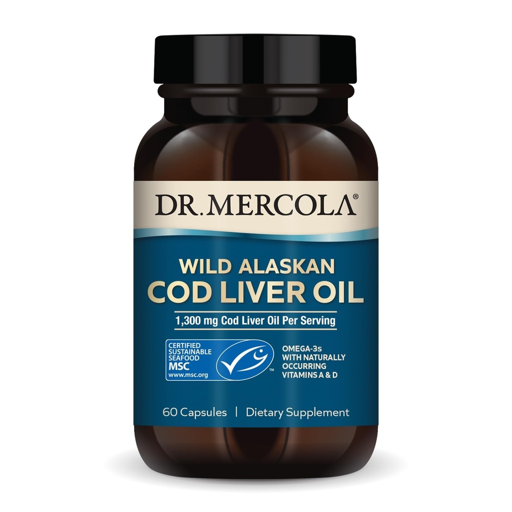 Dr. Mercola Cod Ulei de ficat, 1.300 mg Per Serving, 30 Serviri (60 capsule), Supliment alimentar, Suporturi creier, Bone and Joint Health, Non-GMO, MSC Certified
