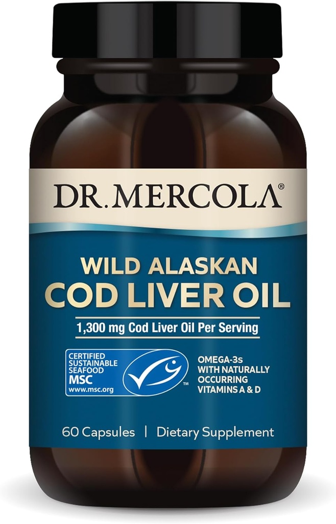 Dr. Mercola Cod Ulei de ficat, 1.300 mg Per Serving, 30 Serviri (60 capsule), Supliment alimentar, Suporturi creier, Bone and Joint Health, Non-GMO, MSC Certified