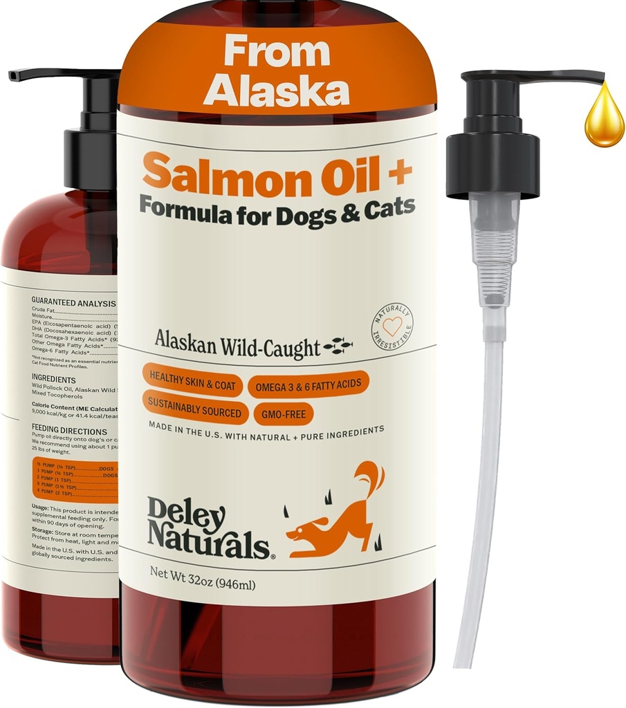 Deley Naturals Wild Alaskan Somon ulei pentru câini - Nou și îmbunătățit ulei de somon Plus Formula - ulei de pește pentru câini cu DHA EPA Omega 3 & 6 acizi grasi - Omega 3 ulei de pește pentru piele și haină - 32oz Made in USA