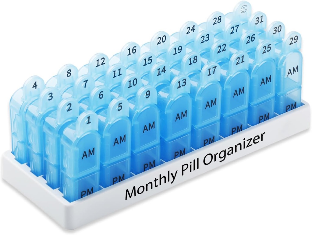 Daviky Monthly Pill Organizator 2 ori pe zi, 30 zile pastile cutie AM PM cu container separat, o lună medicament caz de două ori pe zi pentru a deține vitamine, suplimente și medicamente (albastru)