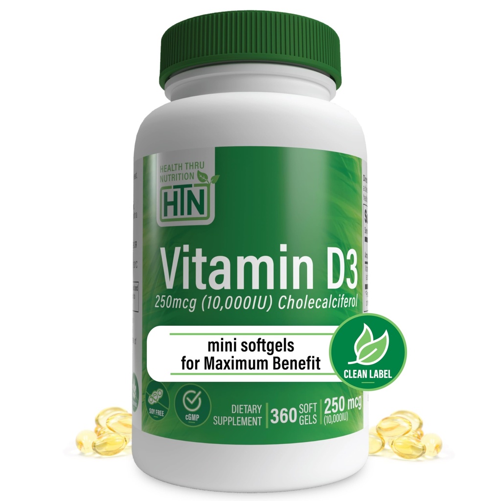Sănătate Thru Nutriție Vitamina D3 10.000iu 360 Mini Softgels pentru anul de beneficii maxime Aprovizionare  Gradul de EVOO organic 