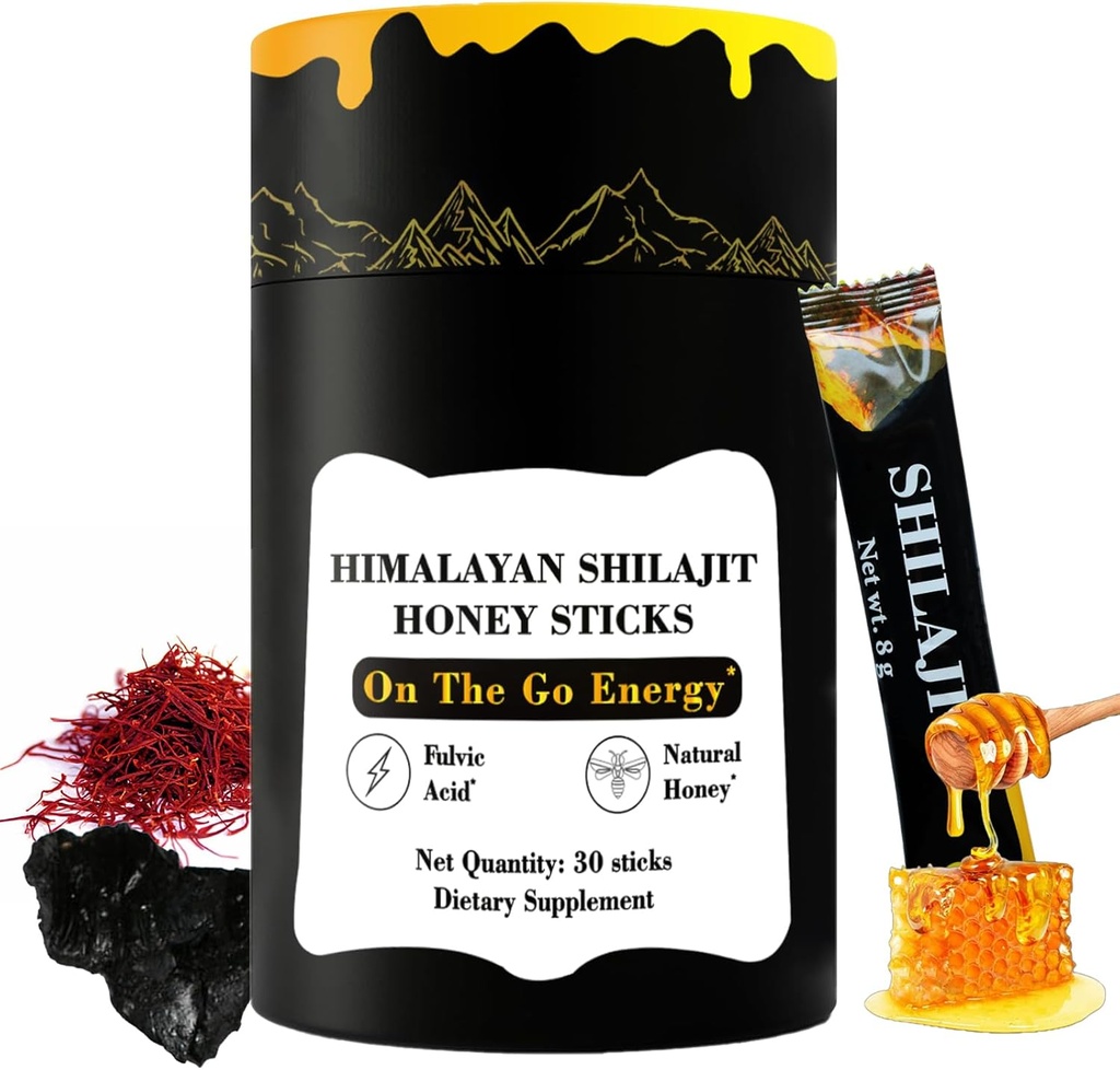 Himalayan Pure Nutritious Silajit Honey Sticks Gold- Saffron, Honey - 75% Acid fuzelian, 85+ Minerale Trace - pentru barbati Femei - 30 Sticks (Shilajit Honey 30 Sticks)