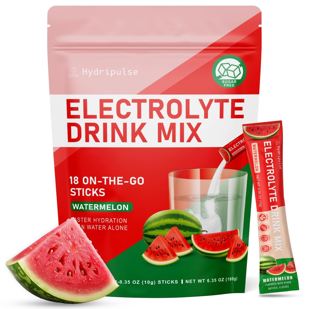 Electroliti Pachete cu pulbere - Zahar liber, aroma naturala, 10 Electroliti & Vitamine Electroliti Drink Mix - Aroma de pepene verde, Keto Friendly, Vegan, Non- OMG, 18 Pachete