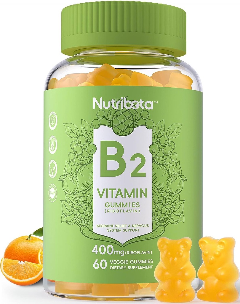 Zahăr fără vitamina B2 Gumries- Riboflavin 400mg 200mg cu magneziu, CoQ10 pentru adulți și copii, Vegan, 60 Conte