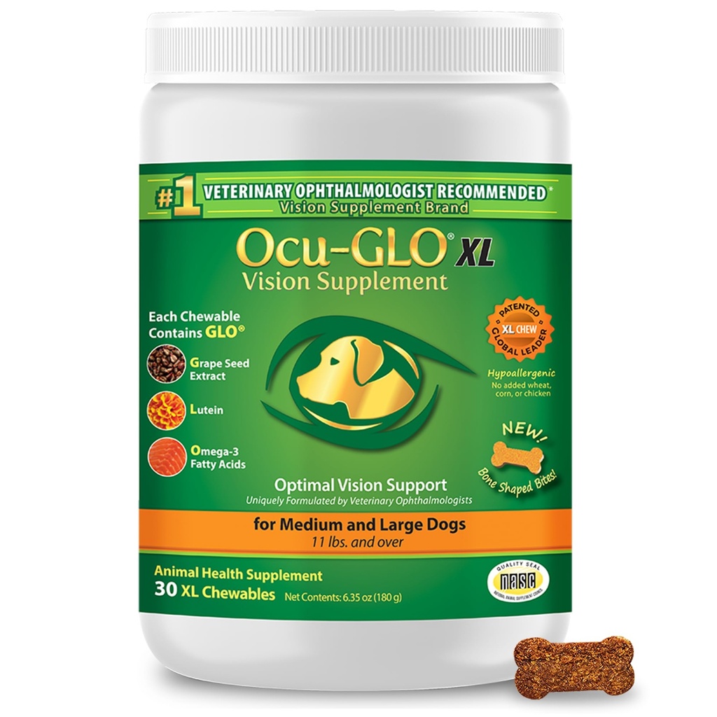Ocu-GLO Cat & Dog pentru suport ochi - Suplimentul de vedere masticabil pentru animale de companie mari și mici de îngrijire cu lutein, Omega-3 acidi grasi, extract de semințe de struguri și antioxidanți 30 XL masticabile