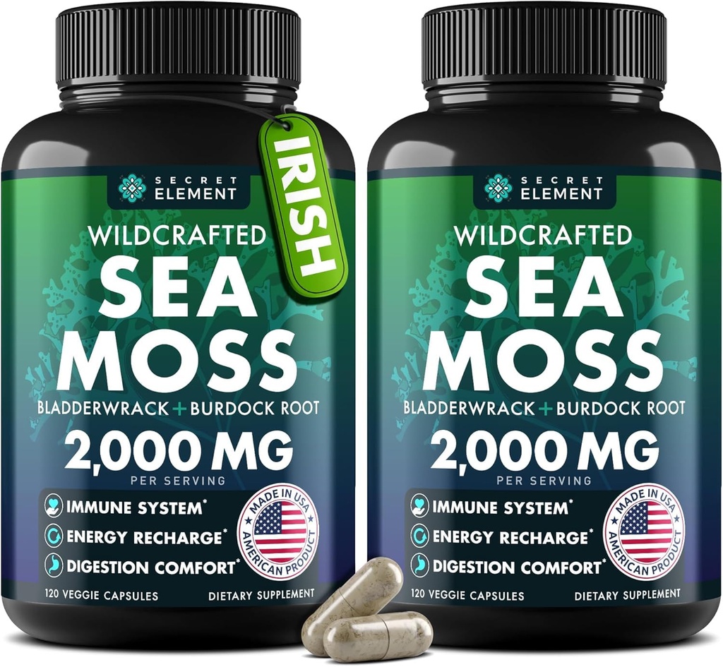 Capsule Moss Sea - Irish Sea Moss Advanced with Burdock Root, Bladderwrack & Muira Puama for Imunity, Gut, & Energy - Superfood Sea Moss Supplements w/Raw Sea Moss Powder (2 Pack)