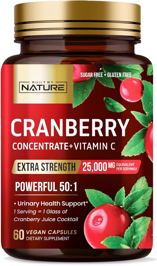 Construit de Pastile Natura Cranberry 25.000 mg - Extra Putere 50:1 Extract concentrat cu vitamina C - Tract urinar Suplimentul de sănătate pentru femei - non-GMO, Sugar Free, Vegan - 60 capsule