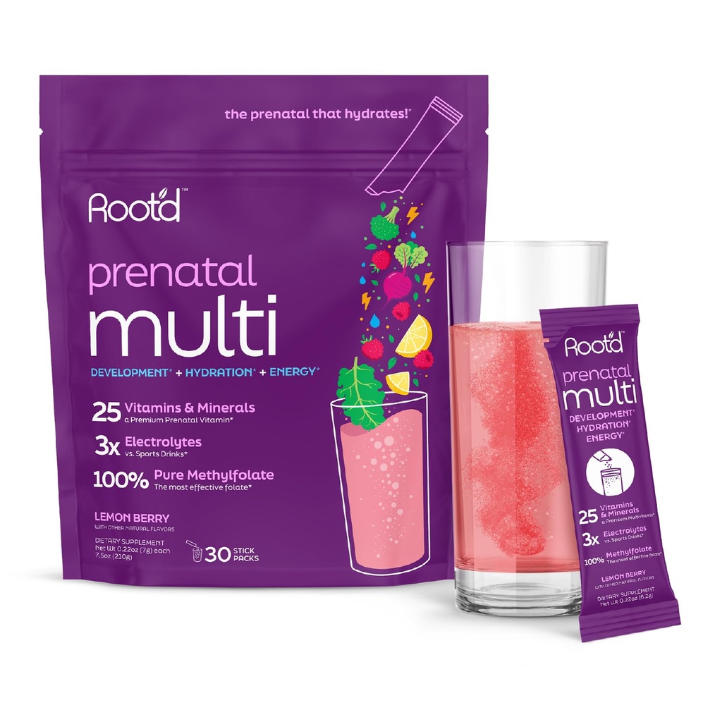 Root'd Praf de multivitamine prenatale - 25 Vitamine & Minerale cu 3x Electroliti, Folate, Fier, D3 pentru mama & Baby, 7 Superfood & Probiotice, Vitamine fără zahăr și hidratare 