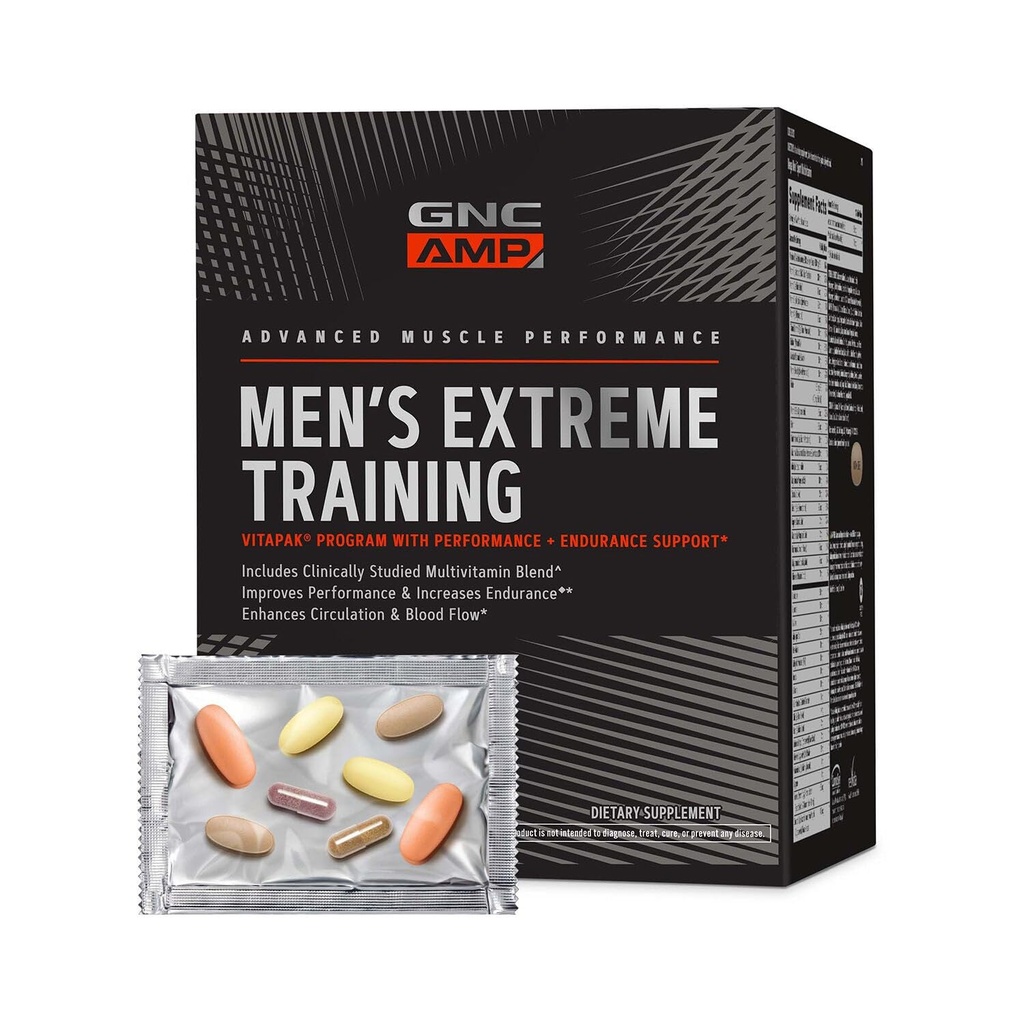 GNC AMP Mens Extreme Training Vitapak Program, 5 Produse în 1, Covenient Vitamina Pack pentru Performanță & Edurnanță, Adult Multivitamine, Ingrediente dovedite, Cafeina, Tichniol, 30 zile de aprovizionare