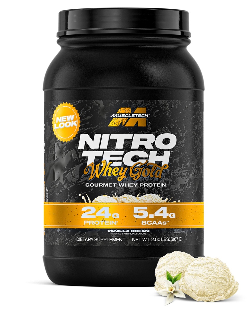 MuscleTech Whey Proteine Pulbere (Vanilla Cream, 2LB) - Nitro-Tech Proteina Whey Izolat Smoothie Mix pentru Lean Muscle & Recovery - 24g de aur Whey pentru femei si barbati - ambalare mai Vary