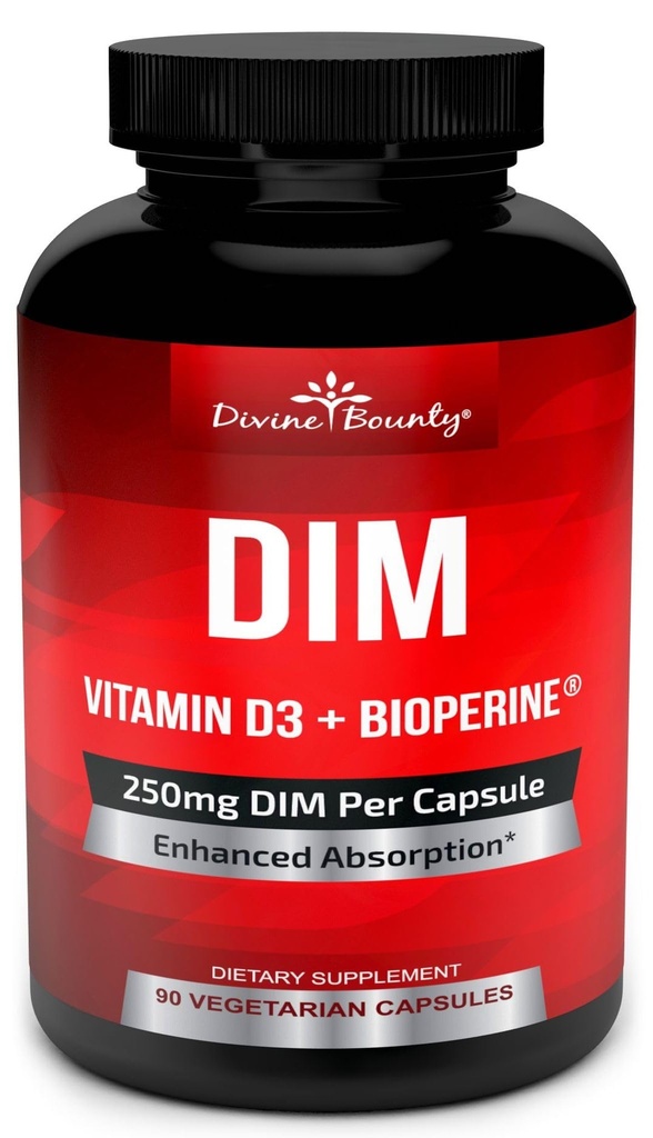 Suplimentul DIM 250mg cu vitamina D3 Plus BioPerine - Diindolilmetan Menopause & Suport estrogen, Suport pentru echilibru hormonal pentru femei și bărbați - 90 Capace vegetariane