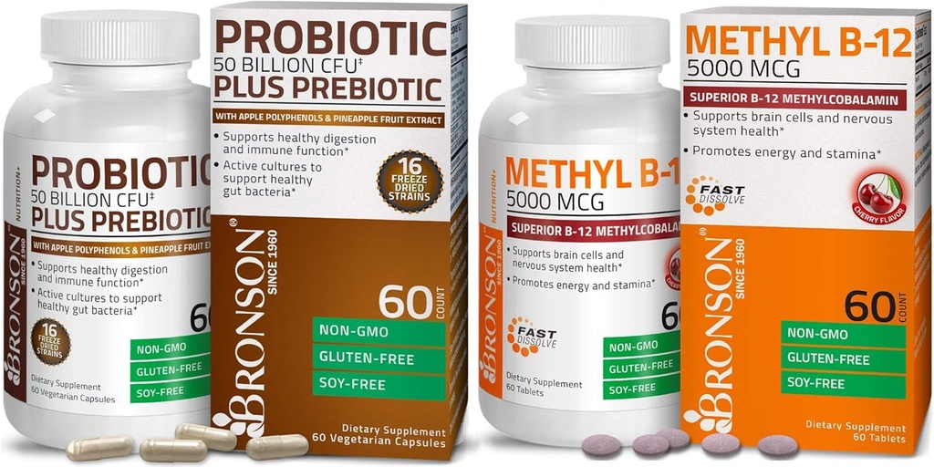Probiotic Bronson 50 miliarde CFU + Prebiotic cu polifenoli de mere și extract de fructe de ananas + metil B12 5000 mcg Vitamina B12 Metilcobalamină