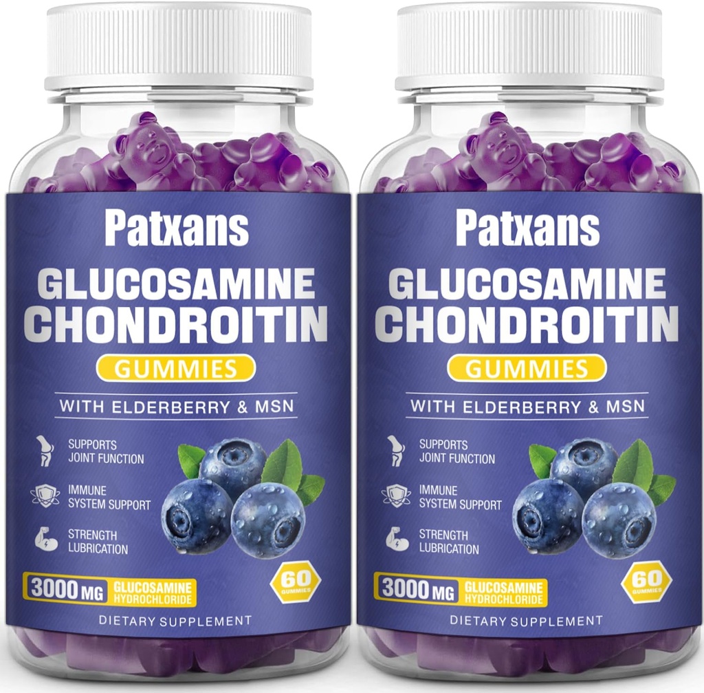 2 Pachete 3000MG Glucosamină Chondroitin Gumies - Extra Putere Comună Sănătate & MSM Elderberry Natural Supplement comun, Flexibilitate, Suport Immune Antioxidant pentru Adulți, 120 Gumies.