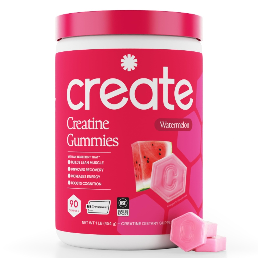Create Creatine Monohidrat Gummies for Men & Women - Boost Focus, Putere, and Endurance, Anti-Melting Formula, Vegan, Gluten-Free, Non-GMO, 1.5 Gram Creatin per Gummy (Watermelon, 90 ct)
