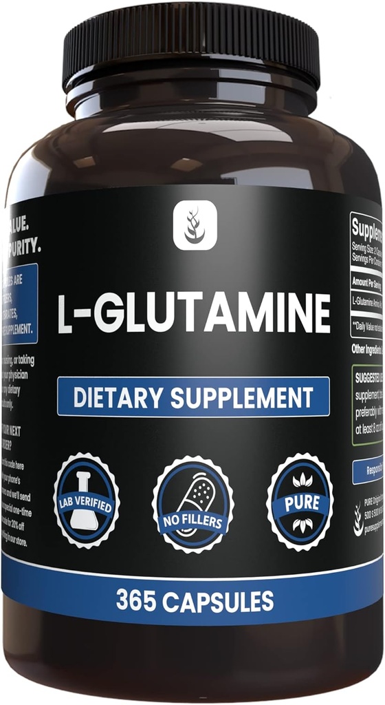 INGREDIENTE ORIGINALE L- Glutamină (365 capsule) Fără magneziu sau fillere de orez, întotdeauna pure, verificate de laborator