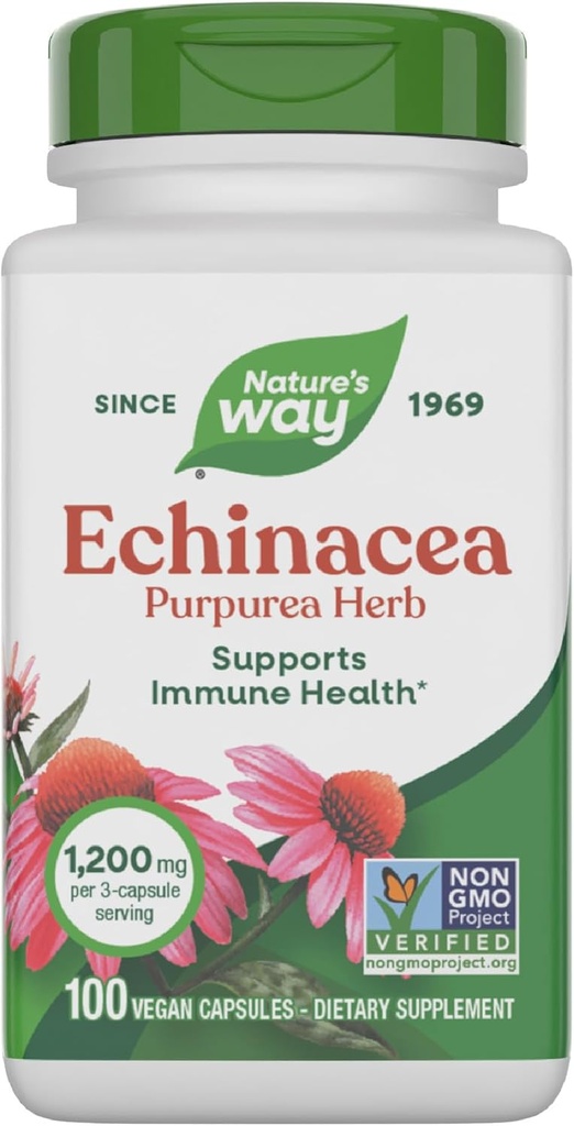 Natura's Way Echinacea Purpurea Herb, Immune Supplement*, 1200 mg per 3-capsule servind, Non-GMO Project Verified, Vegan, 100 Capsule (Packagging May Vary)