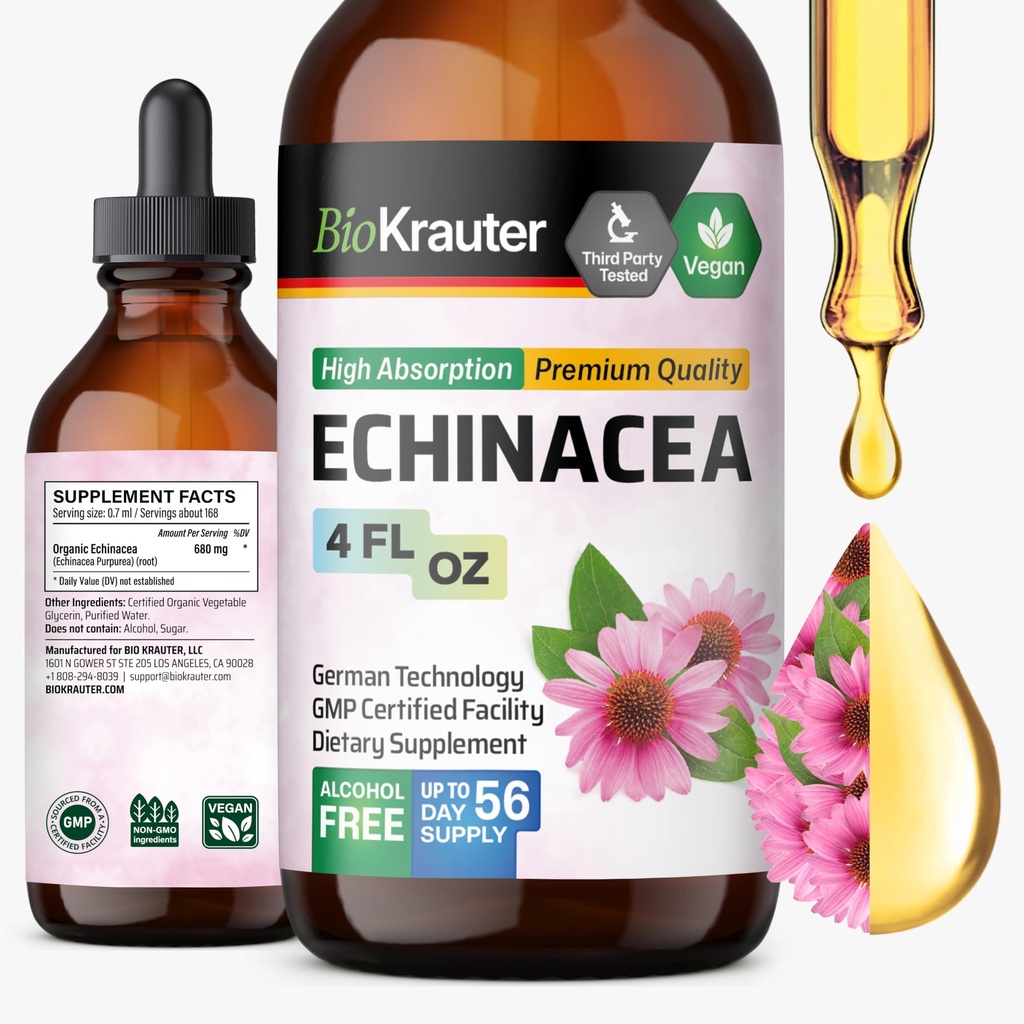 BIO KRAUTER Echinacea Drops - Natural Immune Supplement - Echinacea Tincture Supplement - Vegan, Alcool & Sugar Free Drops - 4 Fl.Oz.