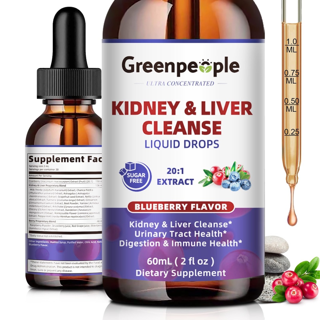 GREENPEOPLE Rinichi Cleanse Detox & Reparații - 27-In-1 Picături de rinichi și ficat cu 20:1 Extract de afine și Chanca Piedra, supliment fără alcool pentru tract urinar și suport hepatic (2 Oz 1 Pack, afine)