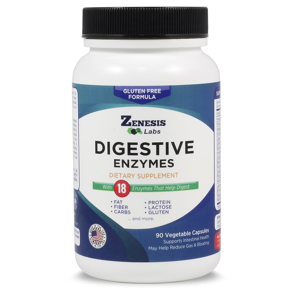 Zenesis Labs Enzime digestive - cu Amylase, Bromelain, Protează, Lipase, & 14 alte enzime - 90 capsule