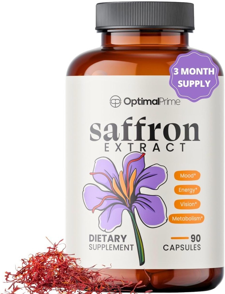 Optimal Prime Saffron Supliment - 100% Extract de șofran pur 88,5 mg - Ajuta la sustinerea moda optima, energie, și metabolice, Vegetarian prietenos, non-GMO, gluten-free, soia-free, 90 capsule