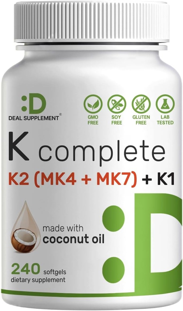 SUPLIMENTARE DETALIATĂ Vitamina K completă - 240 Softgels ulei de cocos  Triple Vitamina K 