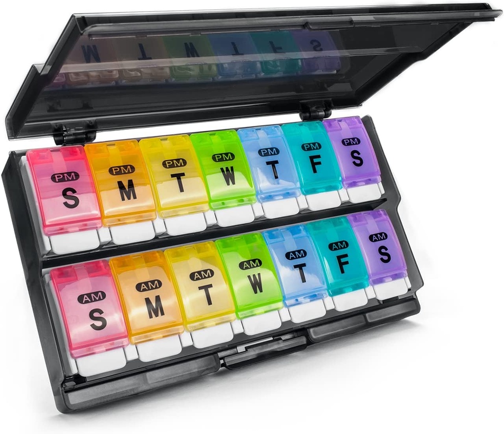 Extra Large Weekly Pill Organizator 2 ori pe zi - Remtise Am / Pm Daily Pill Case Medicine Organizator, Push Button 7 zile Pilula cutie pentru pastile / Vitamina / Cod Ulei de ficat / Suplimente (Rainbow)