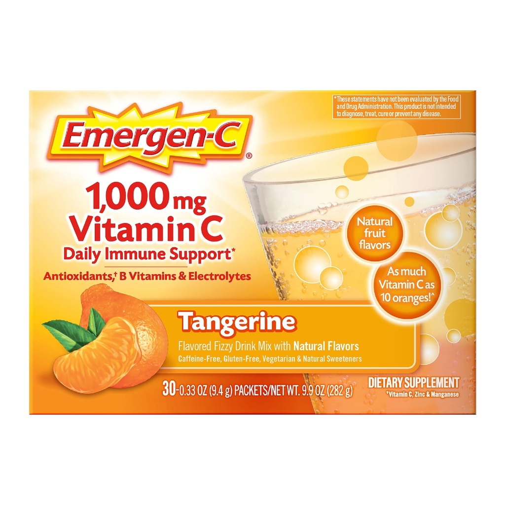 Emergen-C 1000mg vitamina C Suport imun Tangerine 30CT include zinc, mangan, 7 B vitamine și electroliți pentru Înapoi la școală esențiale