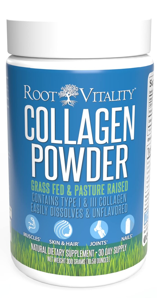 Root Vitality Colagen Peptides Powder - Grass-Fed, Pasture-Rased Proteine Supplement for Skin, Hair, & Nails - Non-GMO, Zero Sugar Daily Supplement for Men & Women (30 Servings)