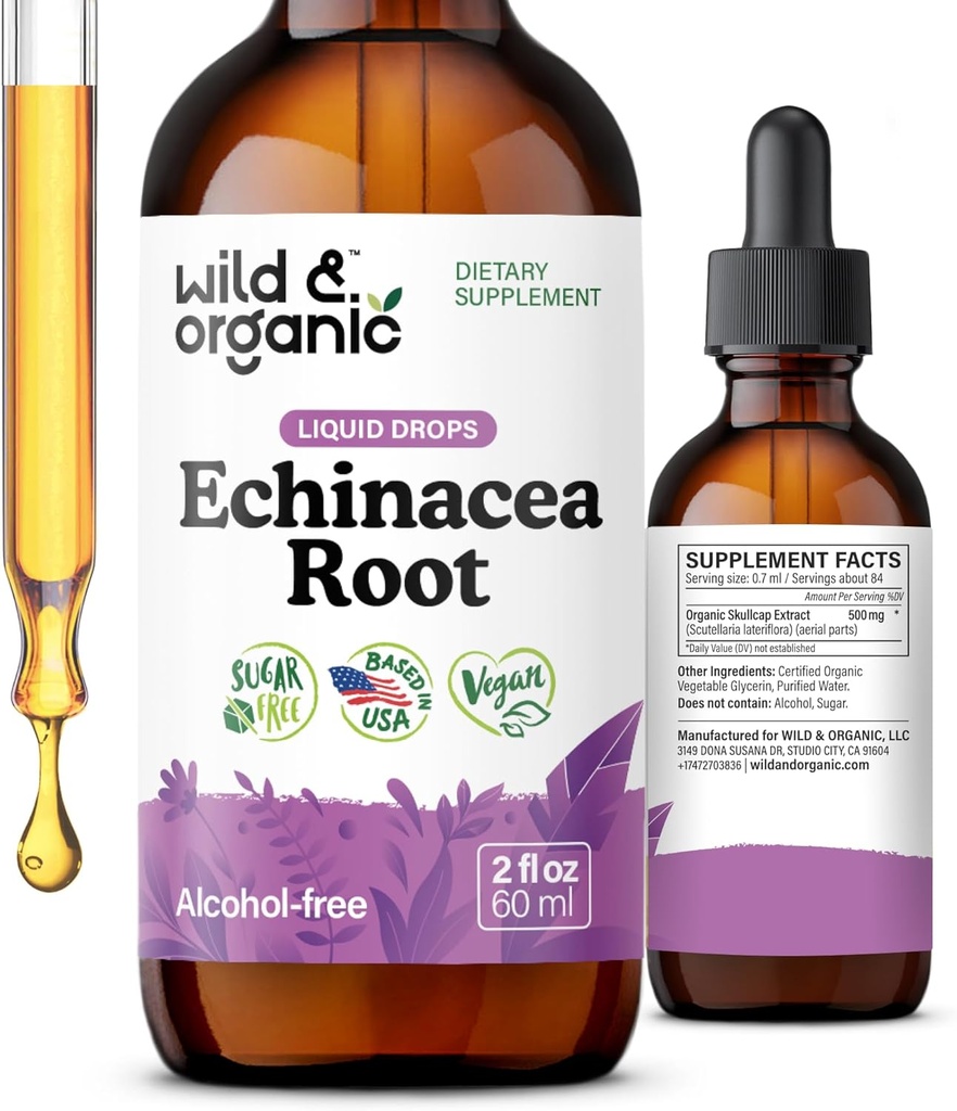 Salbatice si organice echinacea Tinctura - Picături de sprijin imun cu extract de rădăcină de echinacea lichid - Suplimente Angustifolia - Vegan, zahăr și alcool-Free - 2 fl oz