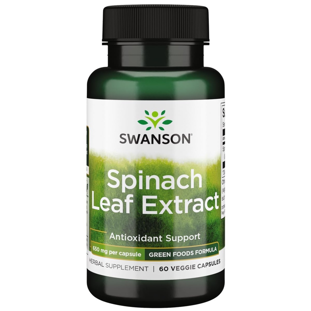 Swanson Spanac Leaf Extract - Supliment vegetal Promovarea sănătății generale - Green Foods Formula w/Beneficial Thylakods & Clorofill - (60 Veggie Capsule, 650mg Fiecare)