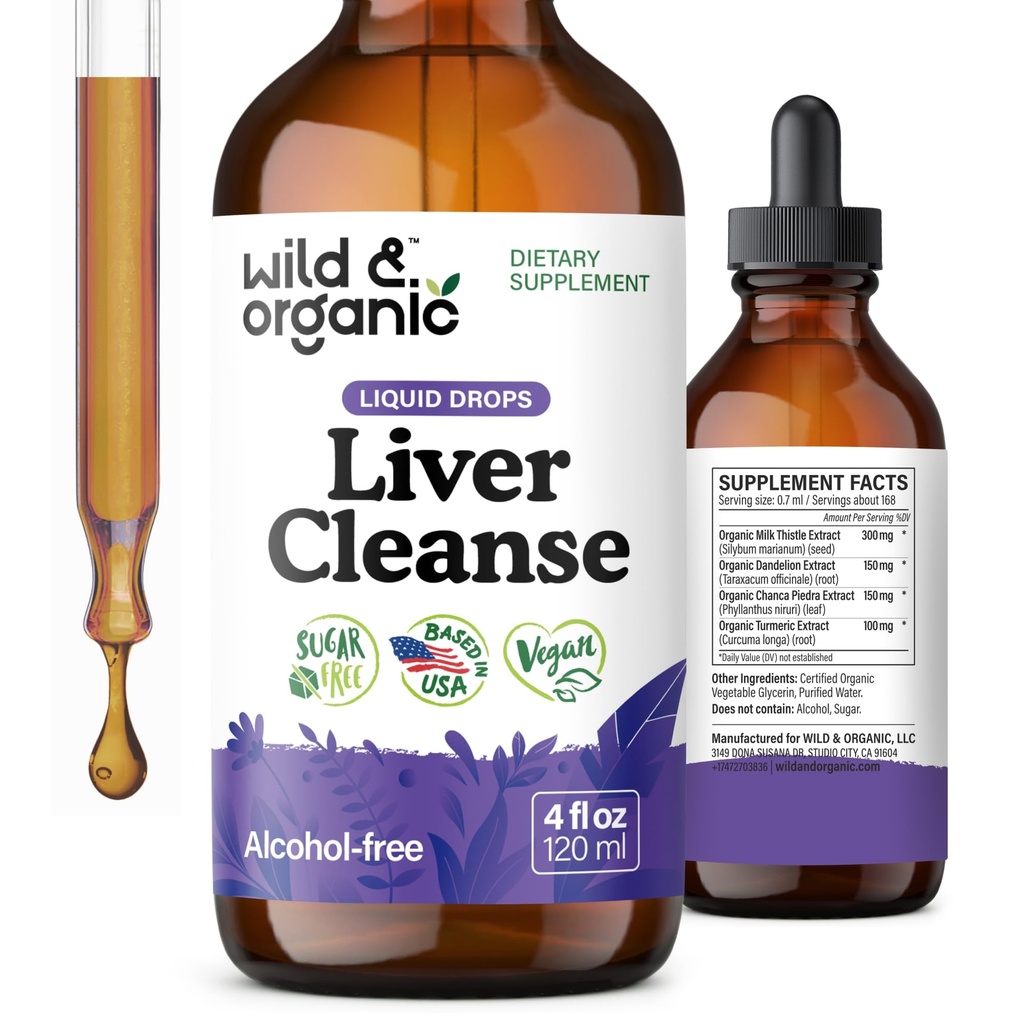 Wild & Organic Liver Cleanse Detox Tincture - Milk Thistle, Dandelion Root Herbal Complex - Liquid Liver Supplement - Vegan, Sugar & Alcool-Free Milk Thistle picături - 4 fl oz