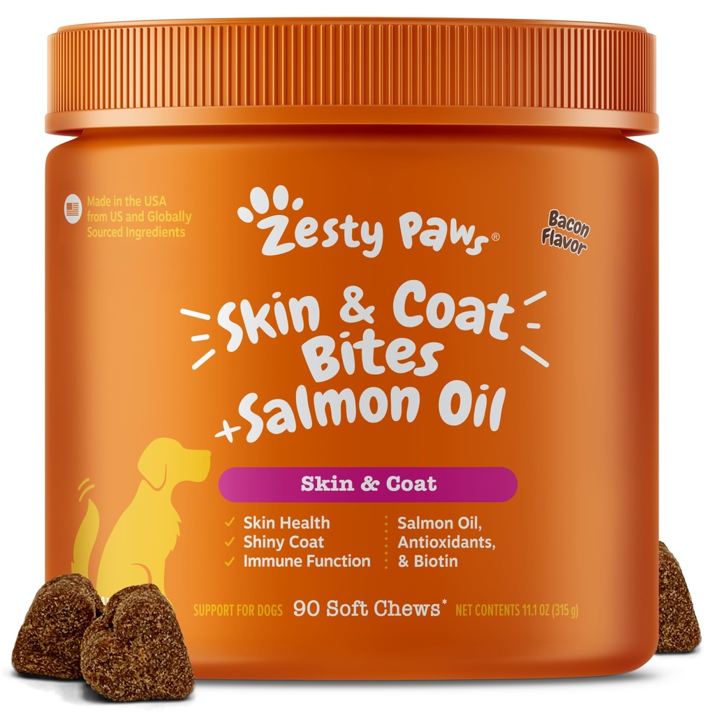 Zesty Paws Omega 3 ulei de pește pentru câini - Zesty Paw Dog Vitamine și suplimente pentru Hip, articulație și piele, Bacon (90 Chews)