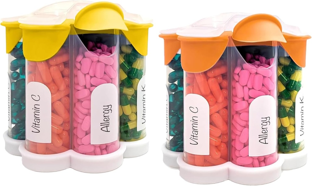 Extra Large Pill Organizator Zilnic, Săptămânal, Lunar Supliment flacon, Cute Blossom Pill Dispenser cu 7 XL Compartimente (2 ambalaj Combo) (Orange și galben)