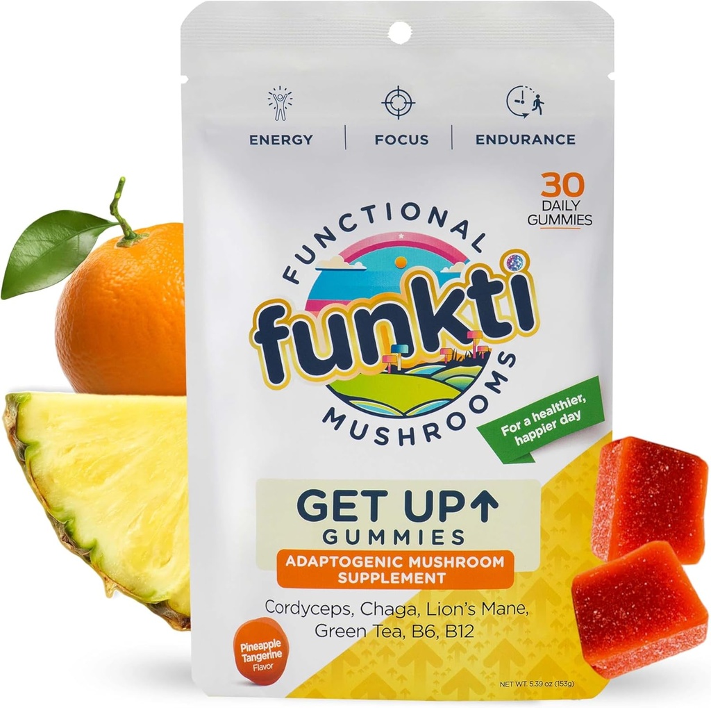 Focus Gume de ciuperci pentru adulți, Ciuperci Supliment cu Cordyceps, Leu, Mane, Chaga, B6, B12, Ceai verde - Get Up Gumies, One pe zi - Max Putere