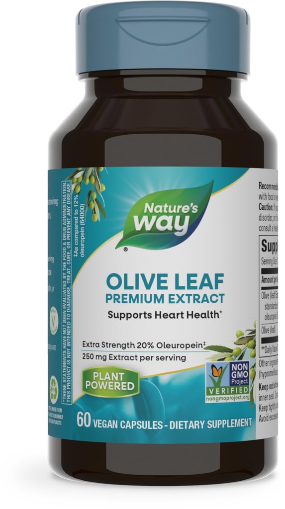 Nature's Way Olive Leaf, Premium Extract, Supports Heart Health*, 20% Oleuropein, 250 mg per Serving, Non-GMO Project Verified, 60 Vegan Capsules (Packaging May Vary)